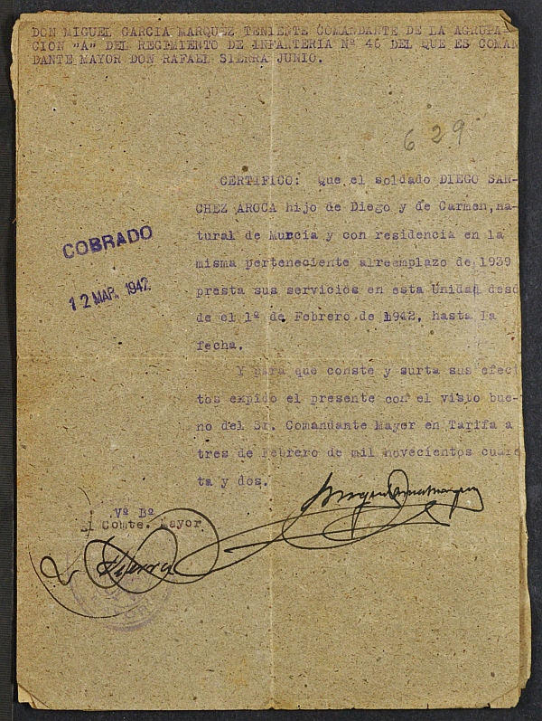 Expediente nº 629/1941 de beneficiario del subsidio al combatiente de Diego Sánchez Aroca